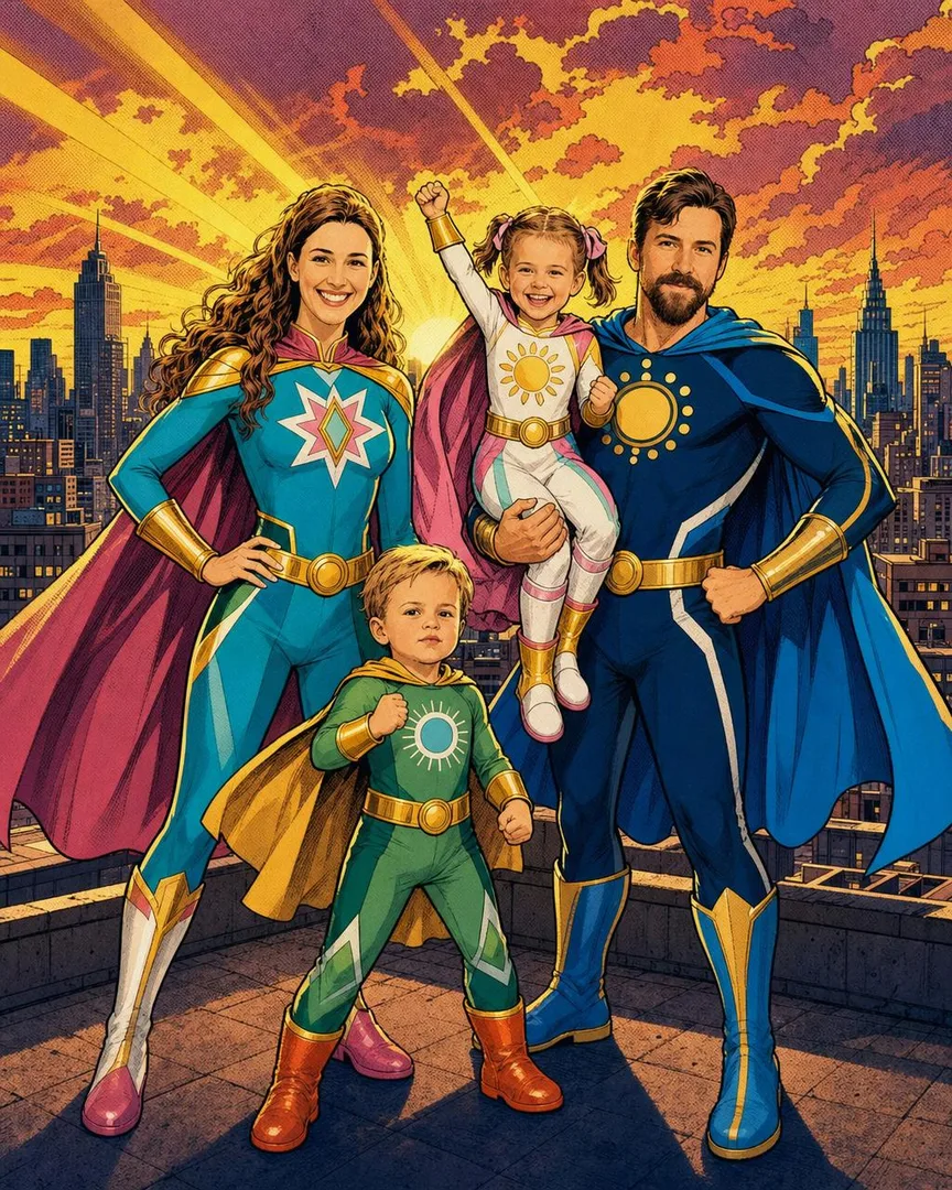 A family portrait in the Family of Heroes style: vintage comic-book hero team