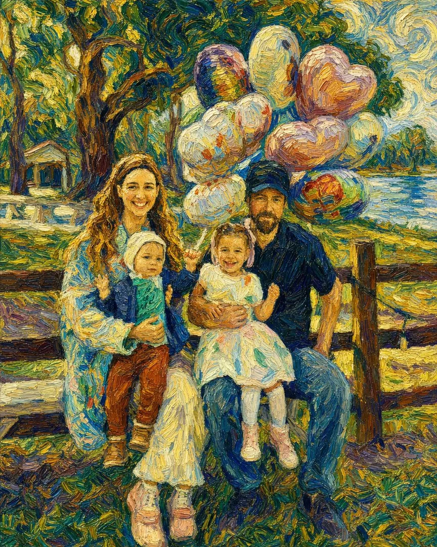 The same family in a swirling post-impressionist oil painting, the Starry Swirl family portrait style