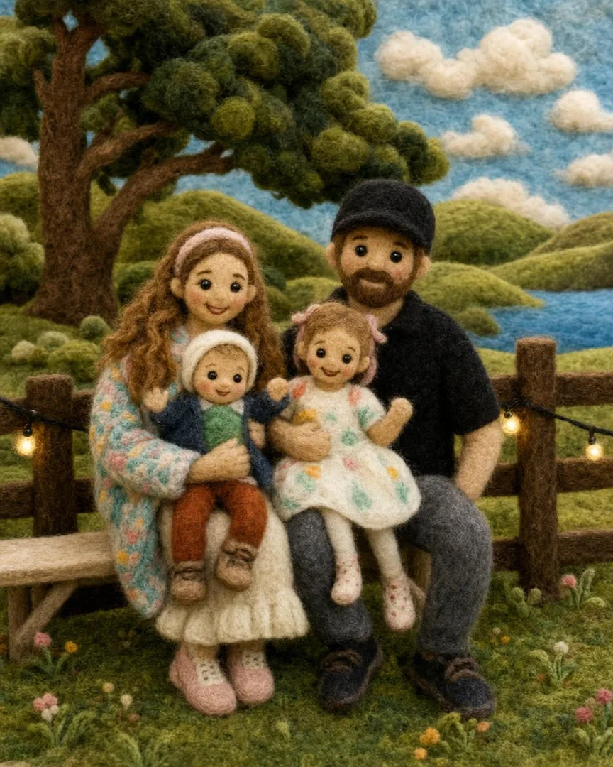 A family reimagined as soft needle-felted wool figures, the Cozy Wool family portrait style