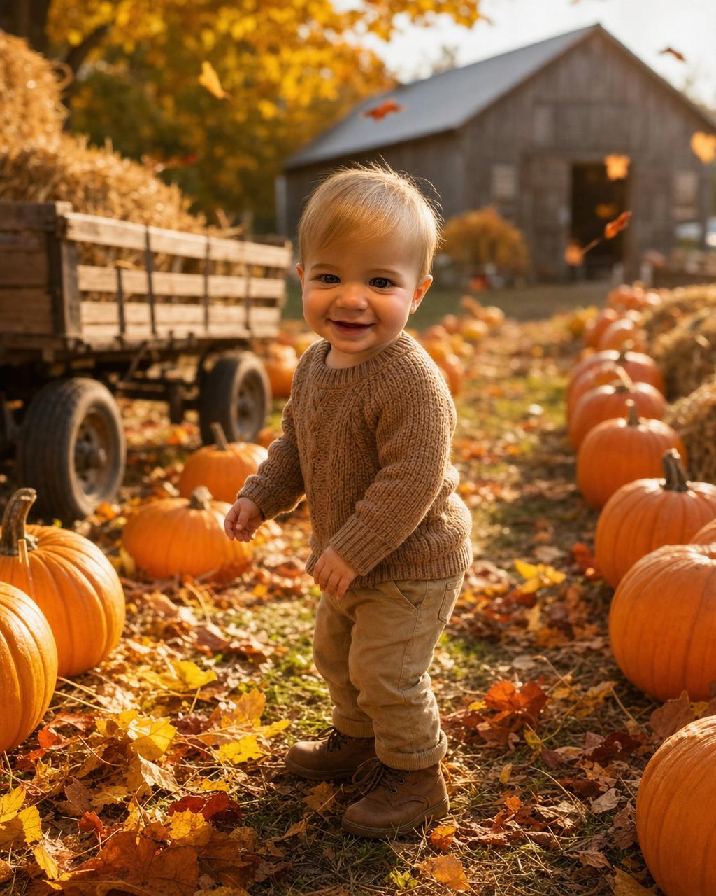 A personalized Autumn Harvest puzzle showing a smiling boy in a cozy knit sweater standing in a golden pumpkin patch with falling leaves and a hay-bale wagon behind him in warm afternoon light.