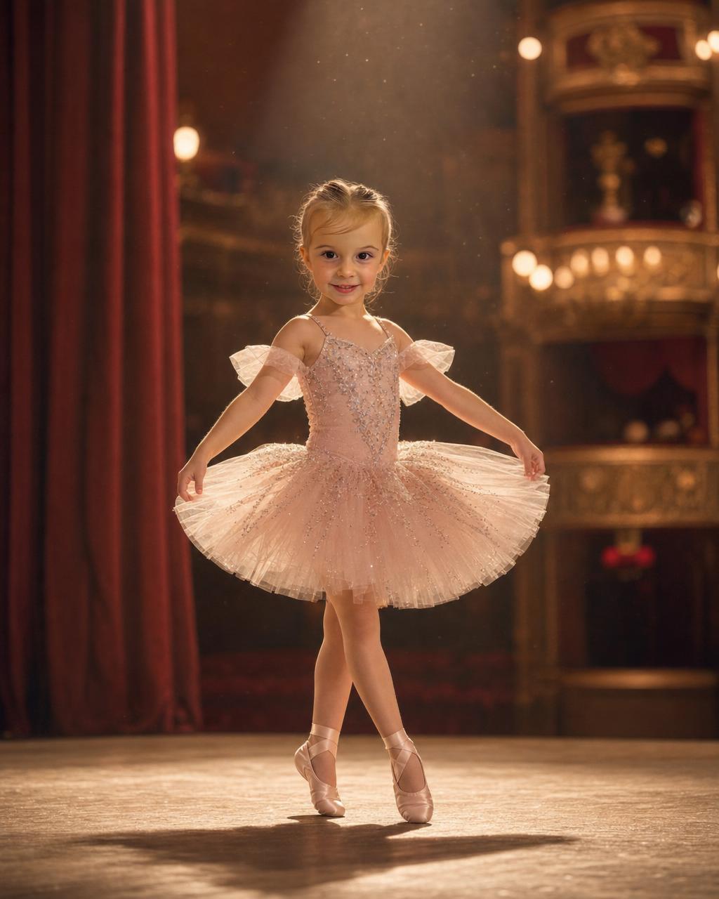 Example custom ballerina puzzle render: a child in a kid-sized sparkling tutu posing in a warm spotlight on a grand theater stage, a personalized ballet gift for kids.