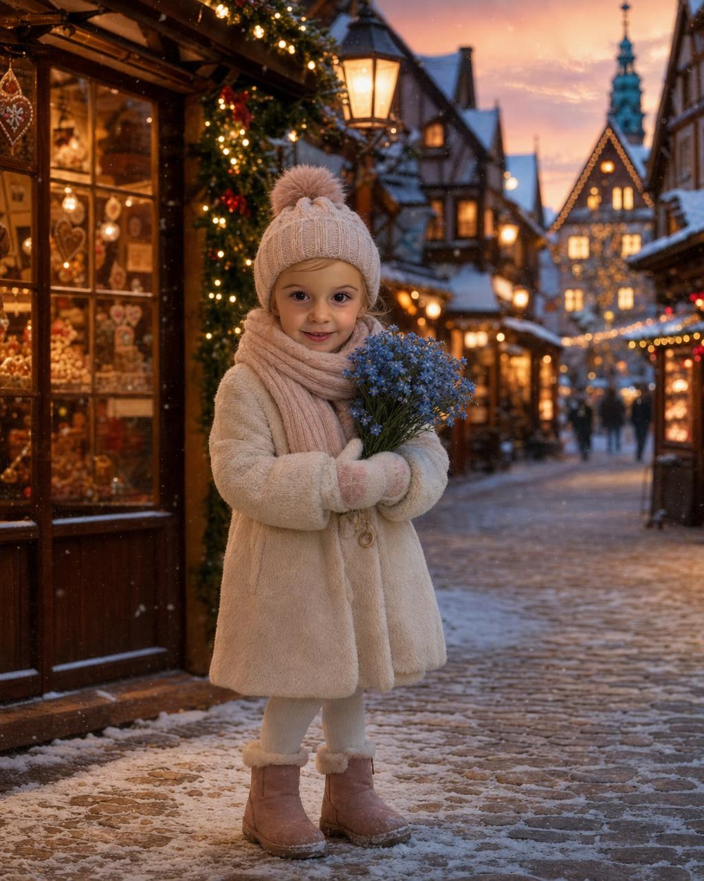 A different child as the star of a snowy holiday village scene, an example of the personalized Christmas keepsake puzzle.