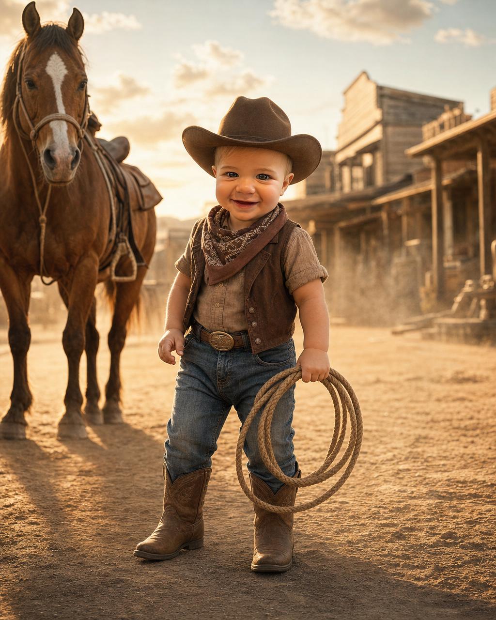 Another Wild West Cowboy example: a young cowboy in hat and bandana on a dusty frontier street, weapon-free, in warm golden-hour light.