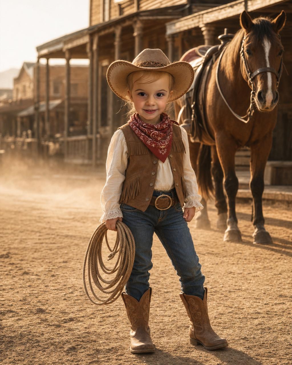 A different child as a confident young cowboy or cowgirl beside a friendly horse, showing the personalized Western puzzle portrait.
