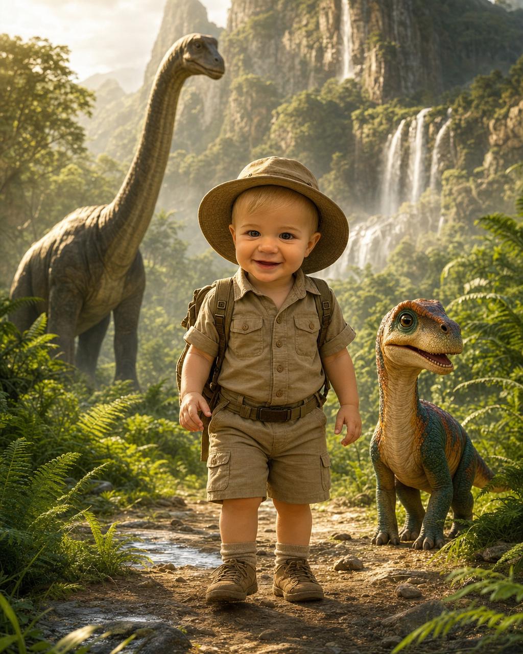 The same dinosaur explorer portrait printed as a gallery-wrapped matte canvas