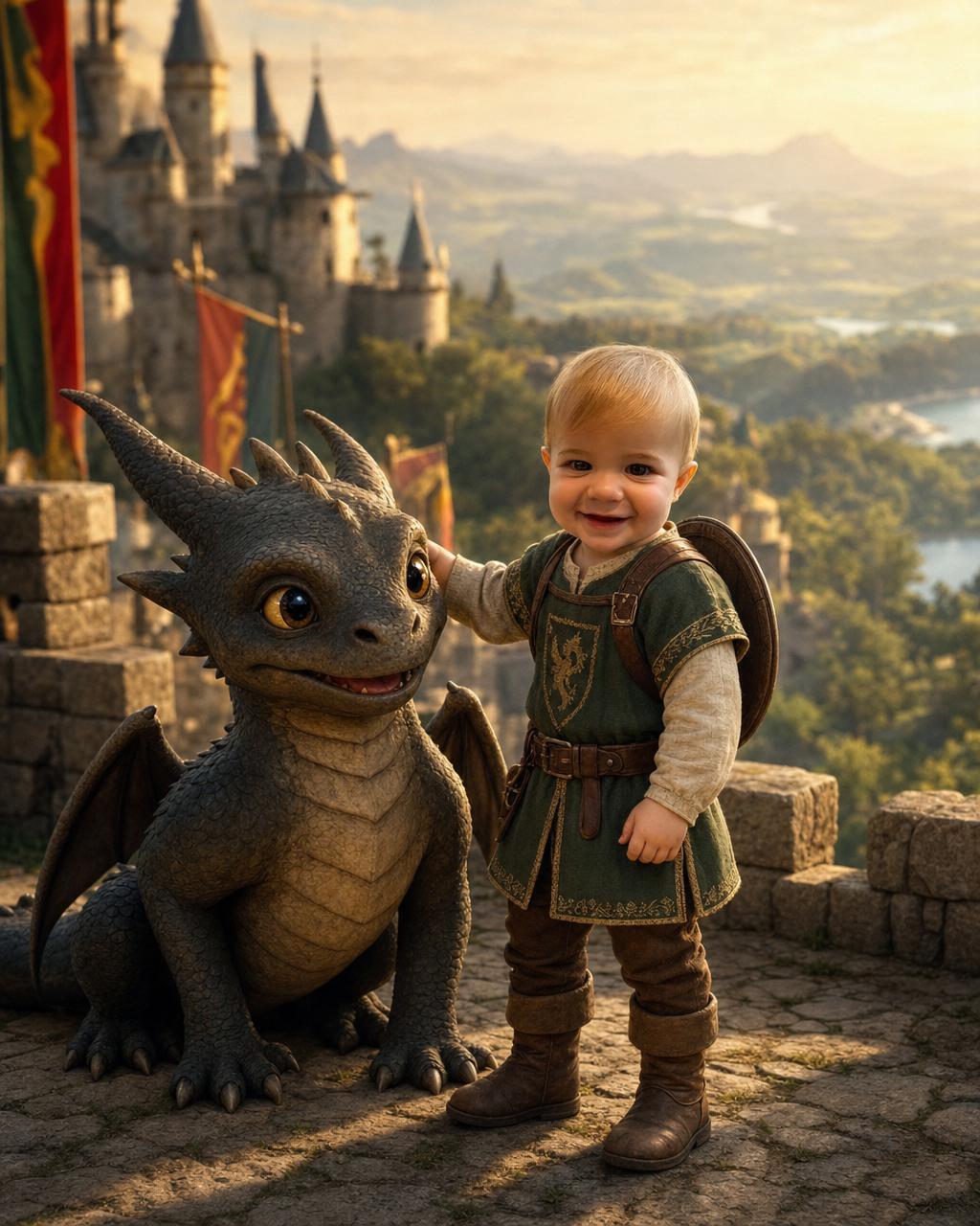 Example custom dragon puzzle render: a child in a playful knight's tunic standing on a castle wall beside a friendly young dragon with big warm eyes, colorful banners overhead, a personalized dragon gift for kids.