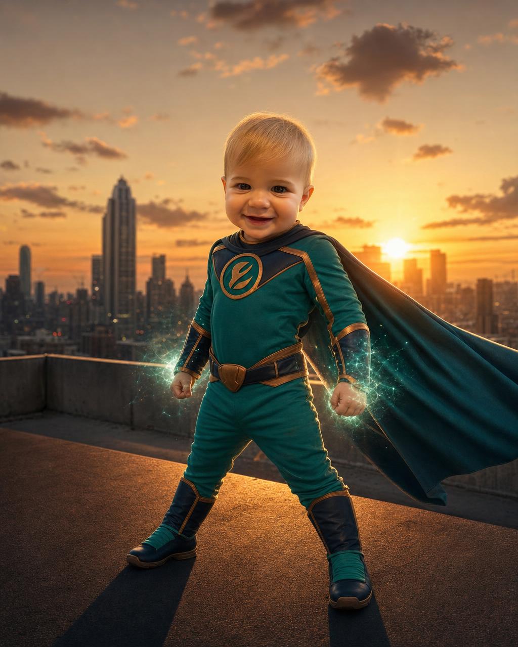Another Superhero City example: a young hero in a flowing cape on a rooftop with the city skyline glowing behind them at dusk.