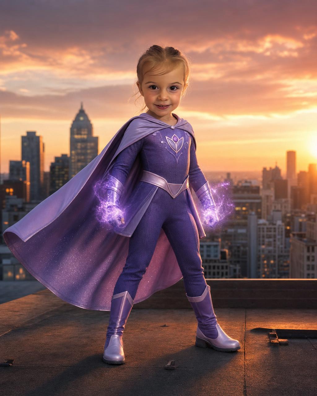 A different child reimagined as a caped superhero above the city, showing how the personalized portrait keeps each kid's real face.
