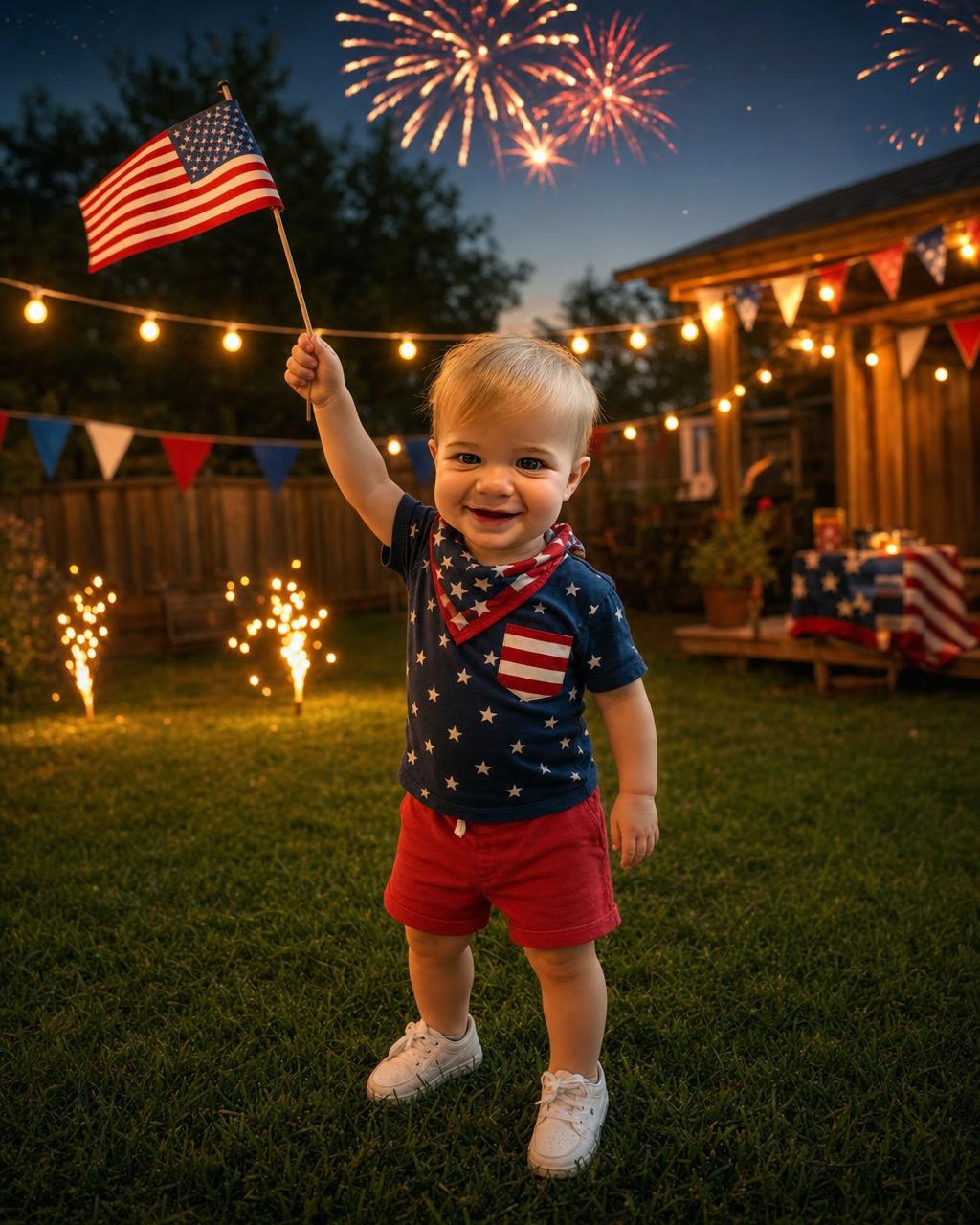 A personalized Fourth of July puzzle showing a smiling boy in red, white and blue holding a glowing sparkler on a bunting-strung backyard lawn at dusk, with warm fireworks bursting overhead.