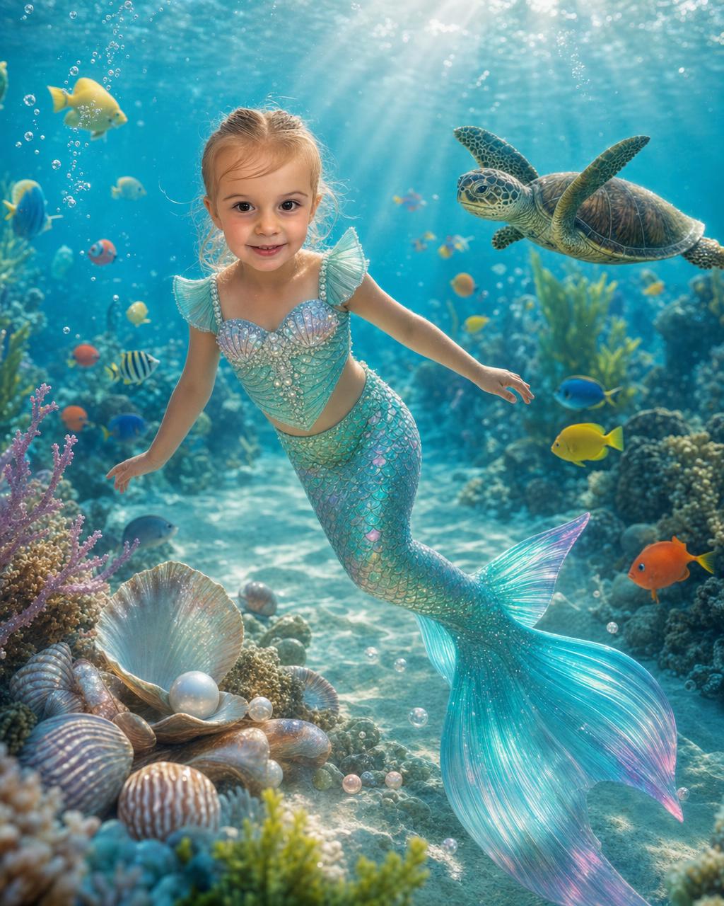 Another Mermaid Lagoon example: a young mermaid with a shimmering tail gliding past coral and tropical fish in clear turquoise water.