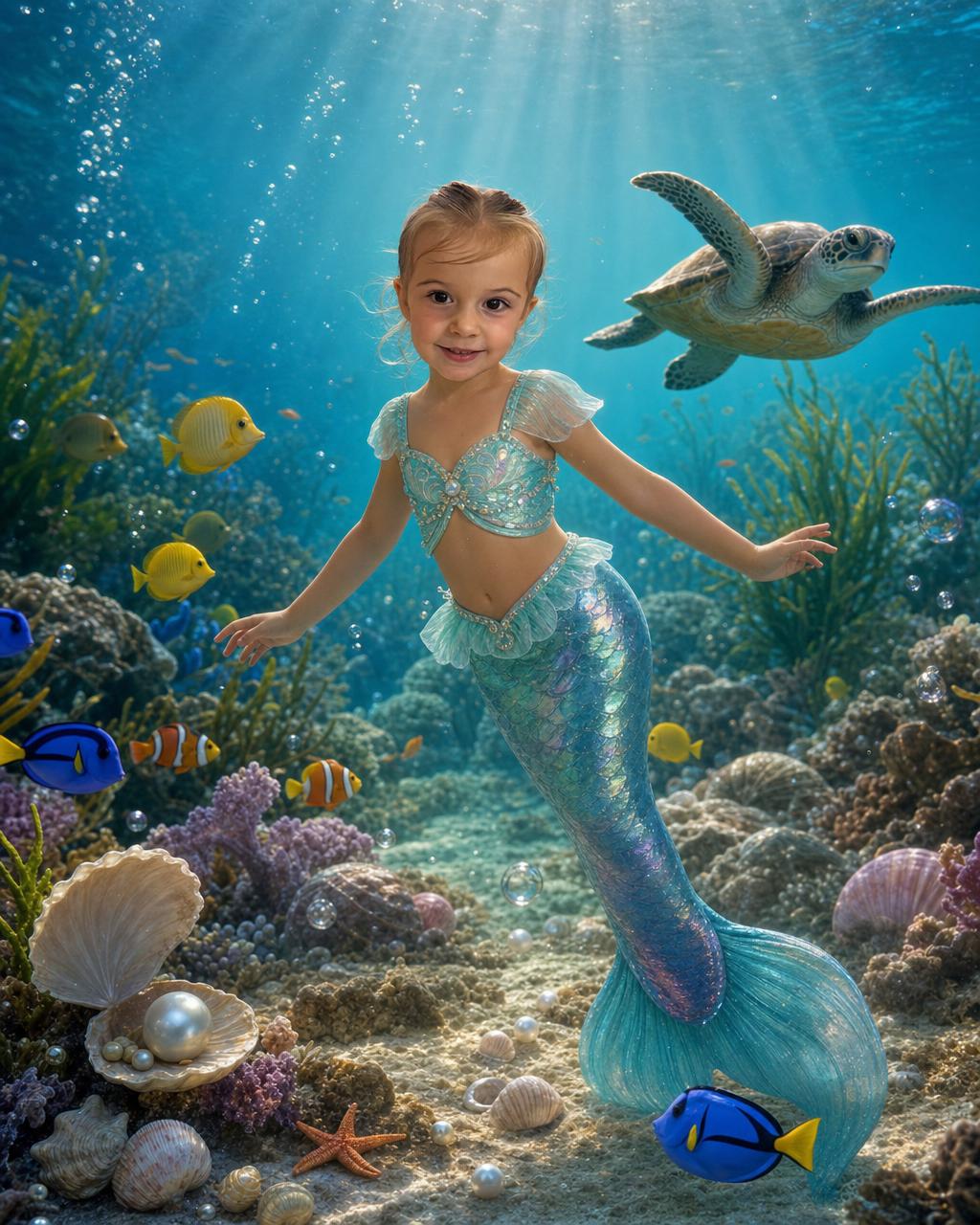 A young mermaid among rising bubbles and soft sunbeams gliding over a coral reef, another example of the personalized mermaid puzzle.