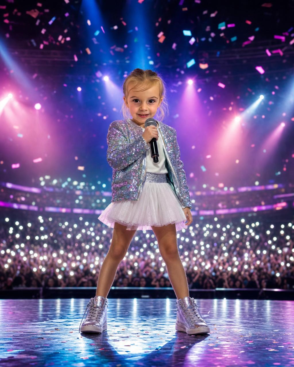 Example custom pop star puzzle render: a girl in a sparkly kid-sized stage outfit holding a microphone under bright concert lights, a personalized pop star gift for kids.