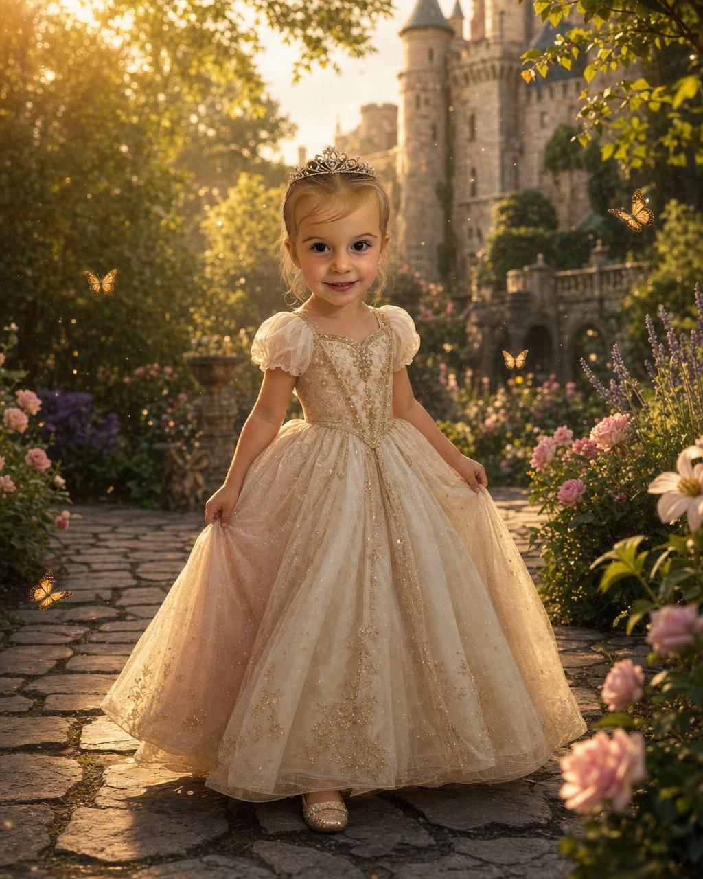 Another Princess Kingdom example: a young royal in a fairytale gown and small tiara in an enchanted castle garden at golden hour.