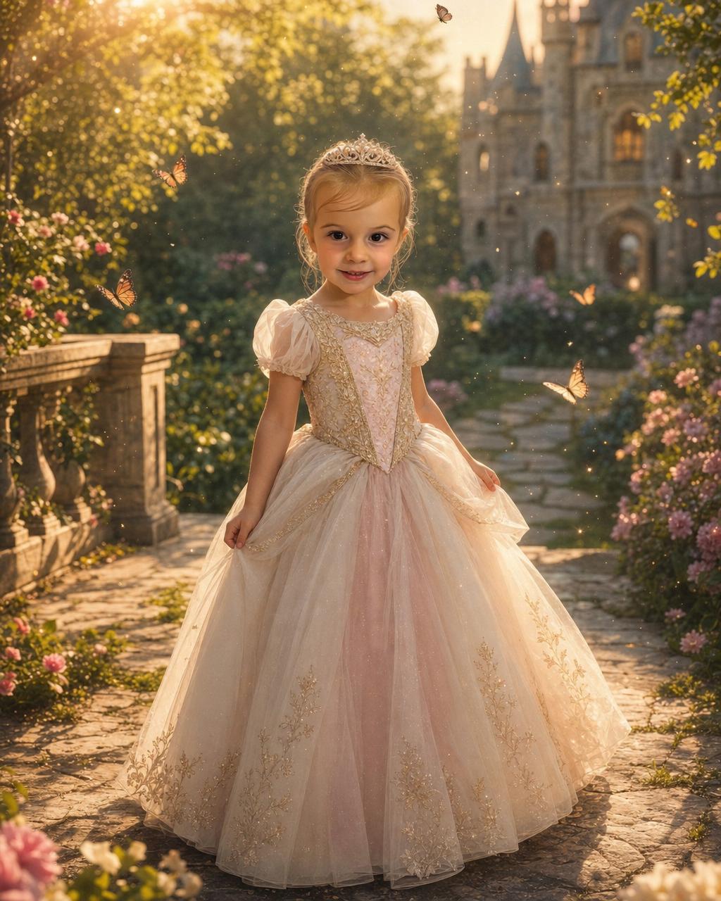 A personalized princess puzzle showing a young child as a kind royal in an elegant fairytale gown and small tiara, standing in a golden-hour enchanted castle garden with butterflies and soft fairy dust.