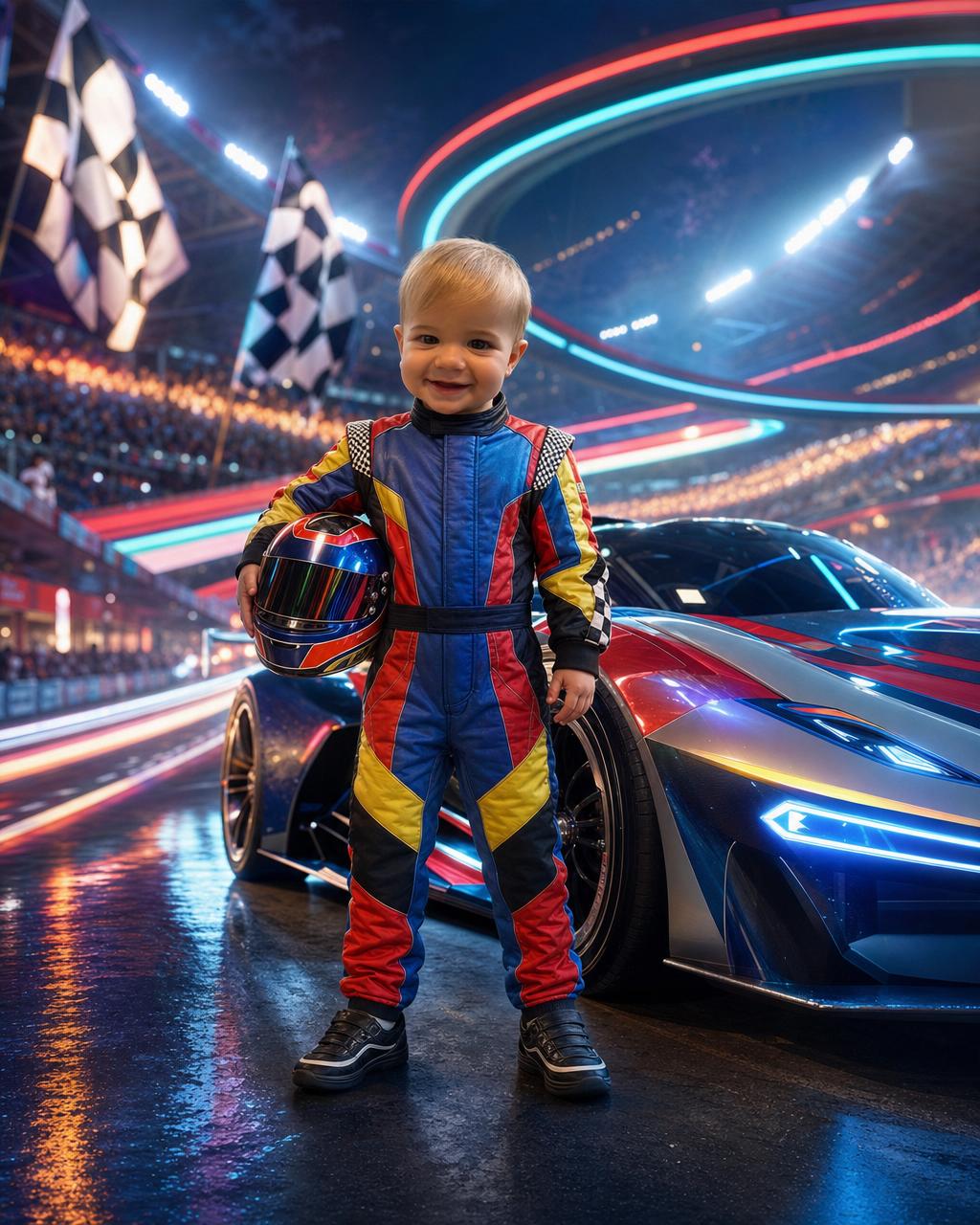 Another Victory Lane example: a young driver in a colorful racing suit beside a sleek car on a glowing neon speedway with light trails.