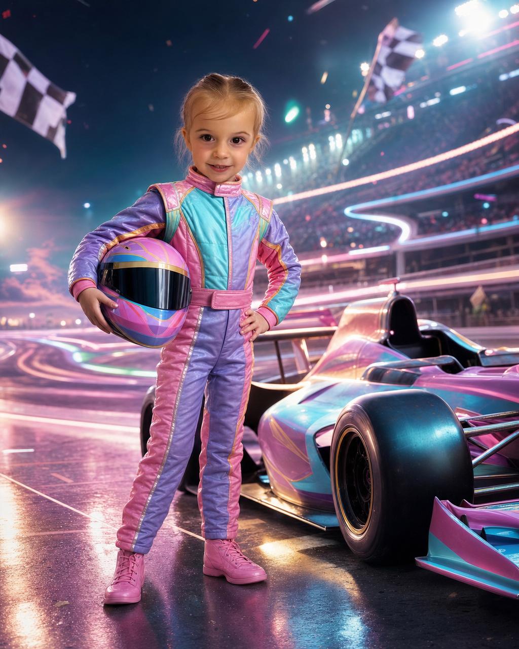 A different child as a champion race car driver under bright stadium lights, an example of the personalized racing puzzle portrait.