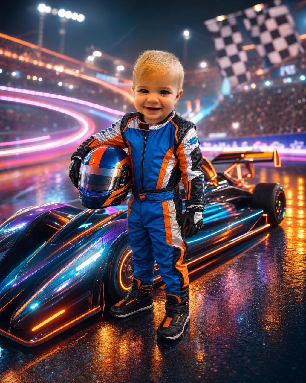 Example Victory Lane puzzle render showing a child as a champion race car driver in a kid-sized racing suit, helmet under one arm, beside a sleek car on a neon speedway with checkered flags.