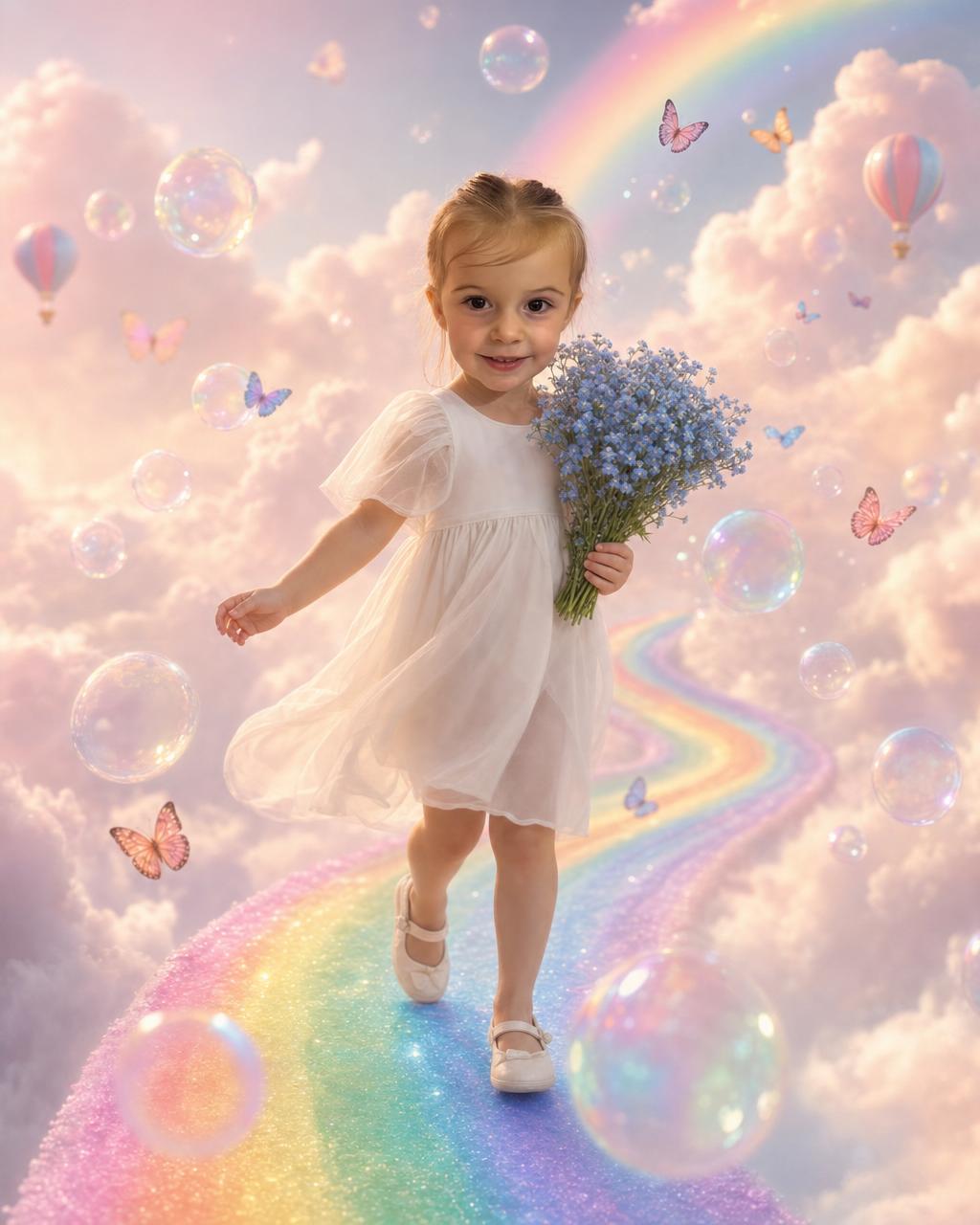 Another Rainbow Dreamland example: a child walking a pastel rainbow road among giant soap bubbles and drifting balloons under a soft daydream sky.