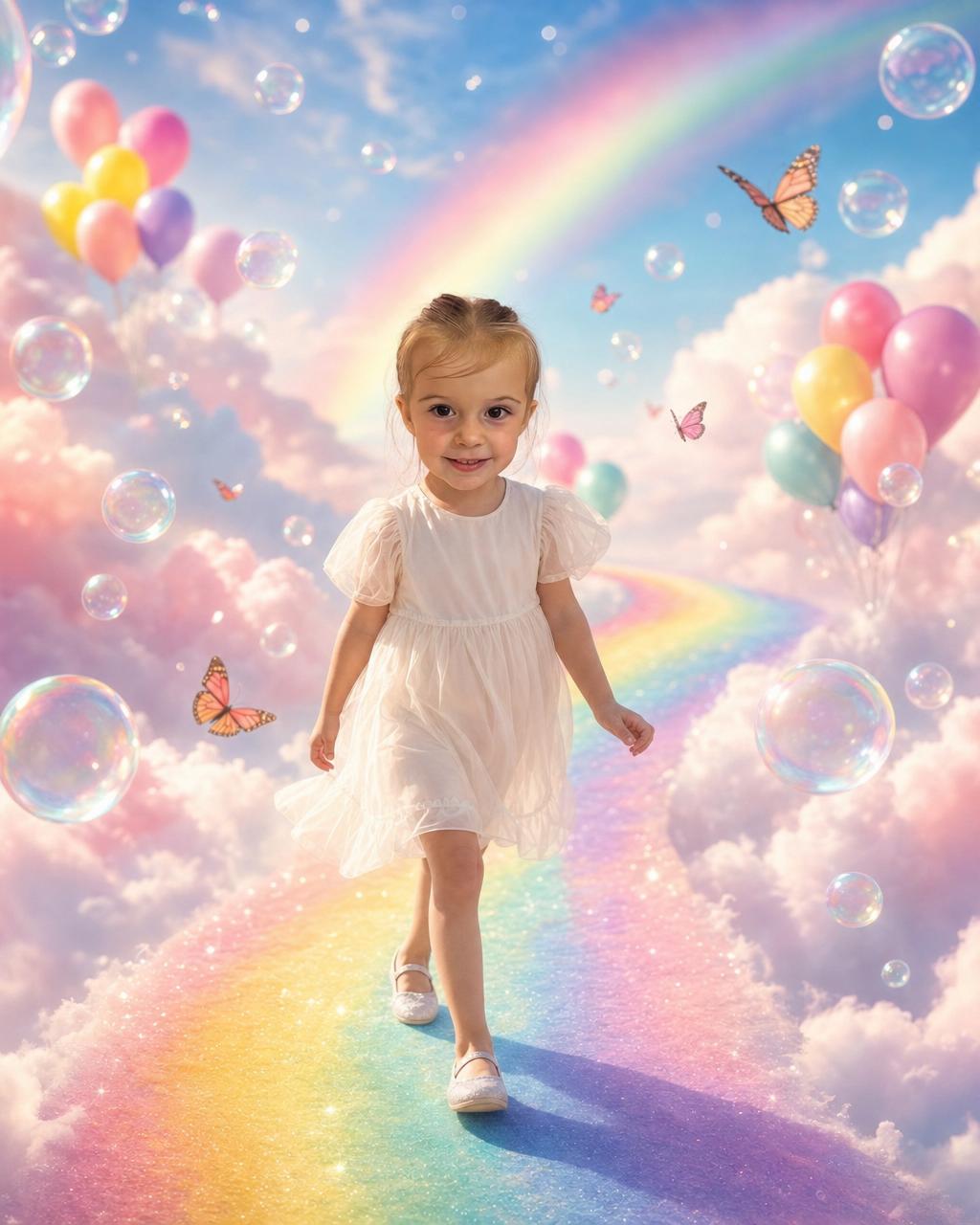 Example render of a smiling child as the hero of a personalized Rainbow Dreamland puzzle, walking a rainbow road through pastel clouds with floating bubbles, balloons, and butterflies.