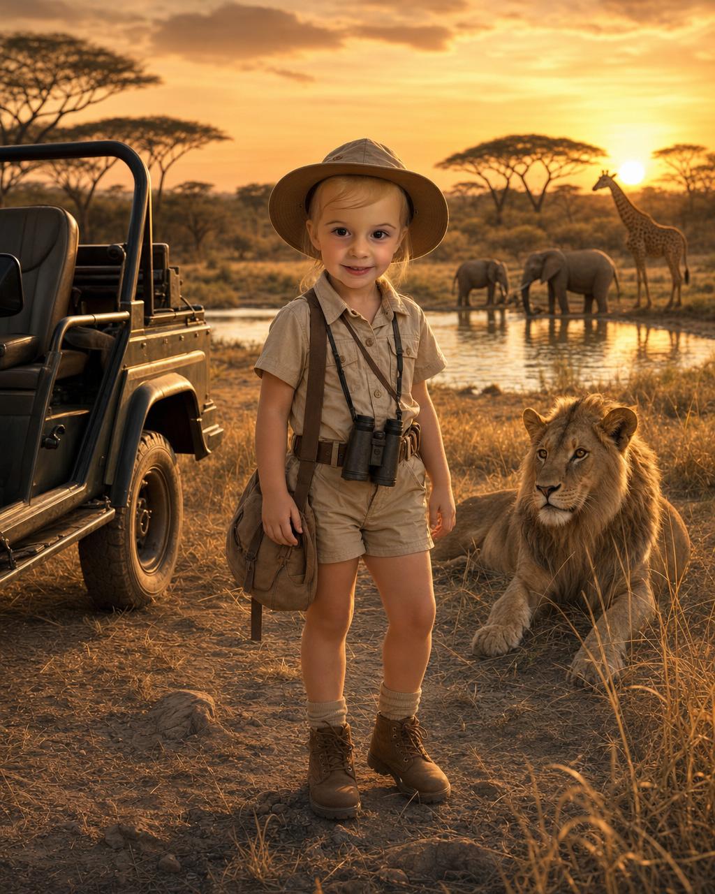 Another Jungle Safari example: a young explorer with binoculars near a peaceful watering hole, a giraffe and acacia trees against the orange sunset sky.