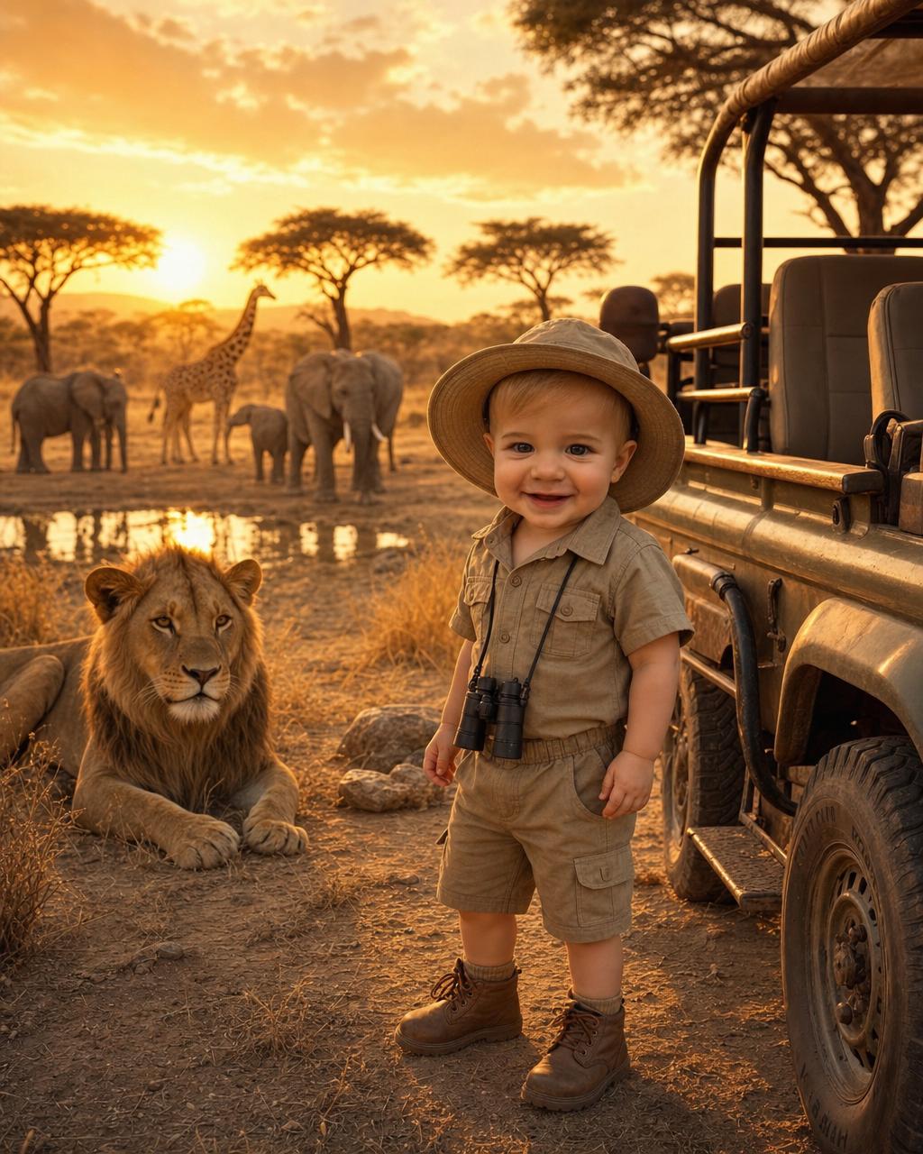 A boy reimagined as a safari explorer on the golden savanna among gentle animals, showing how the personalized portrait keeps each kid's real face.