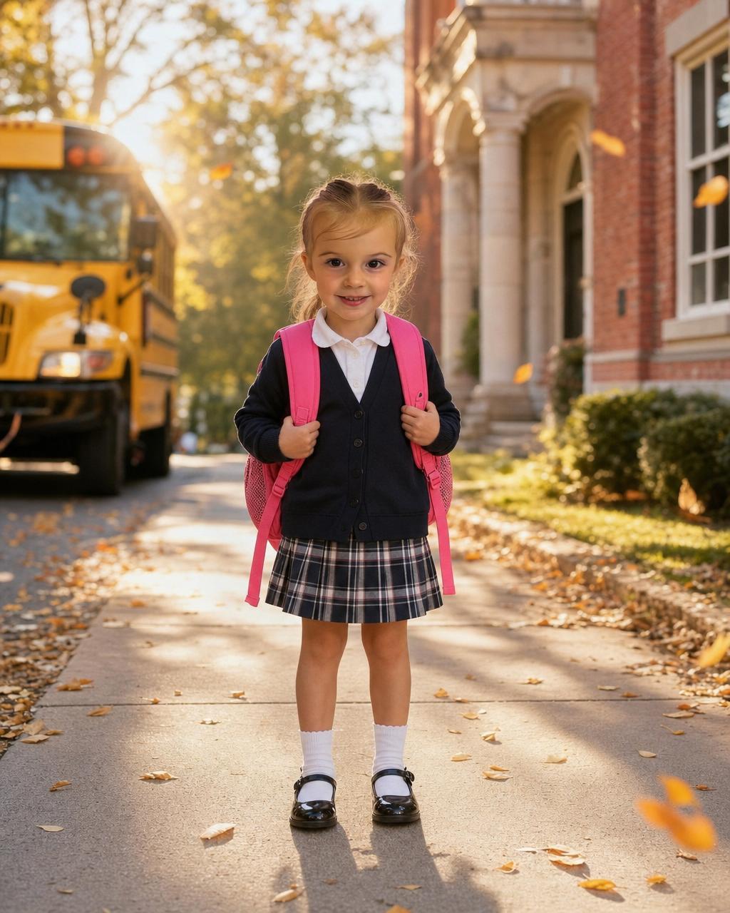 A personalized back to school puzzle showing a smiling girl with a bright backpack standing on a sunny sidewalk in front of a red-brick school with a yellow school bus behind her.