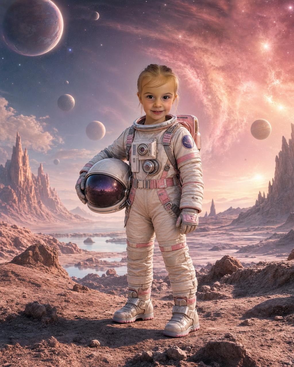 Another Space Explorer render: a child in a detailed spacesuit holding their helmet on a pastel alien planet beneath a glowing nebula.