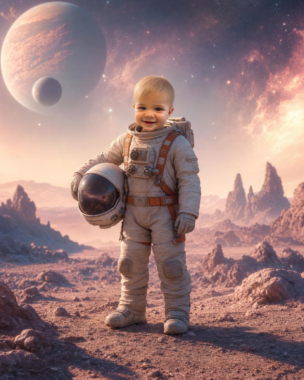 A different young astronaut standing on a faraway world, an example of the personalized space puzzle keeping the child's likeness.