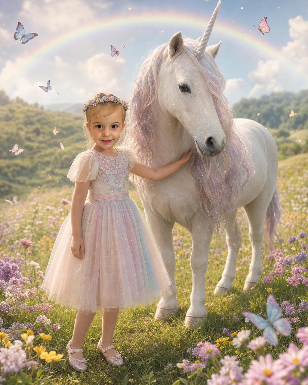 Example custom unicorn puzzle render: a child in a pastel dress with a flower crown standing beside a gentle white unicorn in a wildflower meadow under a pastel rainbow, a personalized unicorn gift for kids.