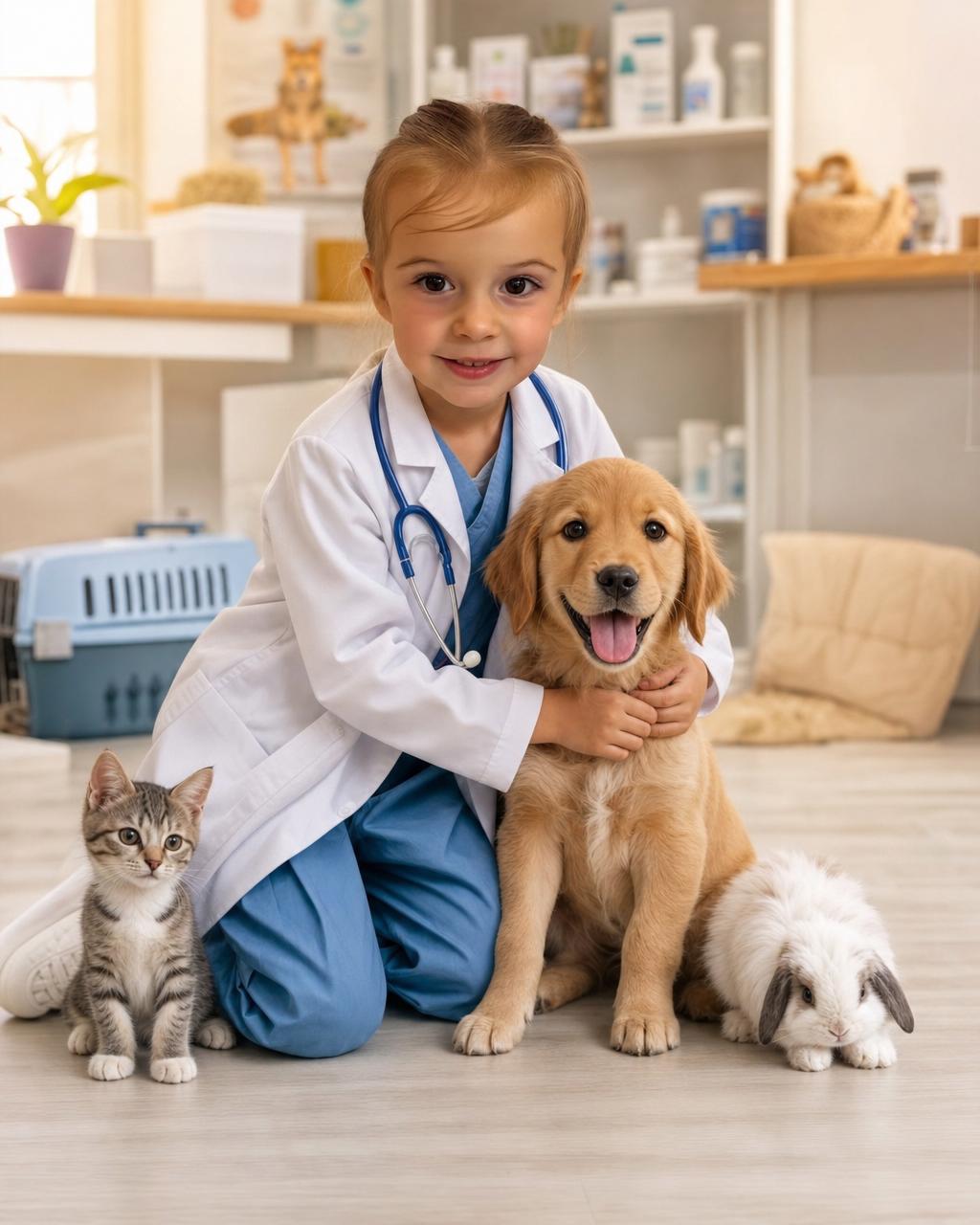 Example custom Pet Vet puzzle render: a girl in a kid-sized white vet coat cuddling a happy puppy in a cozy animal clinic, a personalized vet gift for kids.